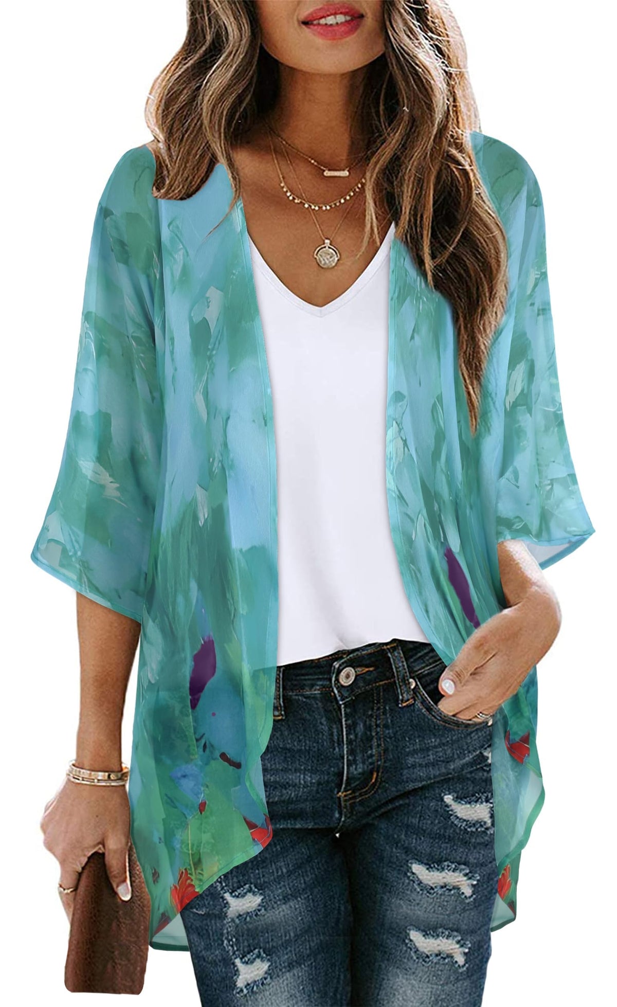 Womens Short Cardigans Casual Oversized Open Front Kimono Tops Bathings Suit Cover-ups (Teal Blue Print, L)