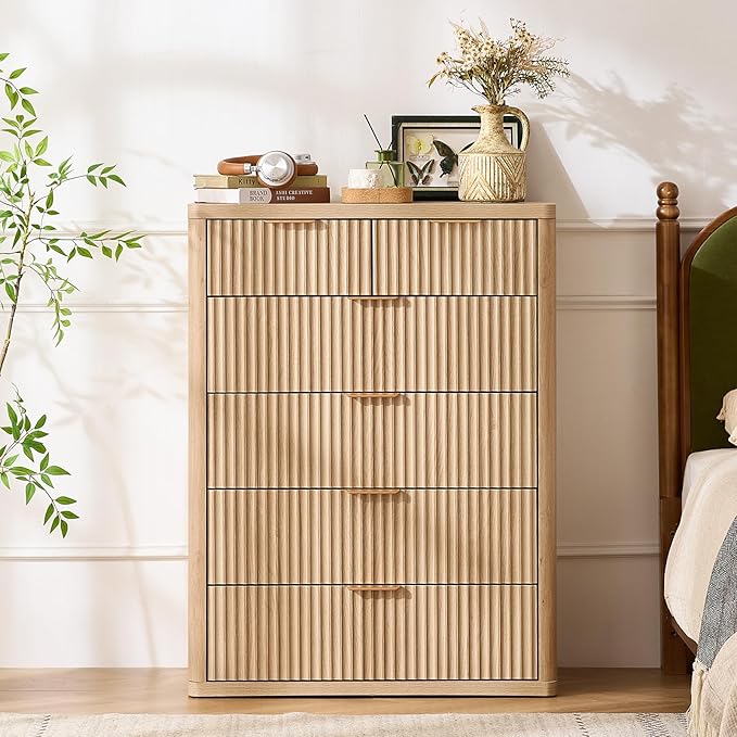 LEYAOYAO Fluted 6 Drawers Dresser for Bedroom Set of 2, 42" Tall Modern Chest of Drawers with Metal Handle, Curved Profile Design,Natural Wood Drawer Organizer for Bedroom, Living Room, Hallway