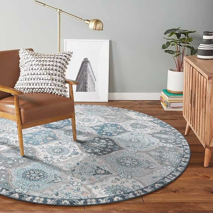 Lahome Moroccan Trellis Round Rug, 5ft, Blue, Faux Wool, Machine Wash, Non-Slip Backing, Low Pile, Floral Pattern, Area Rug for Bedroom, Living Room, Bathroom