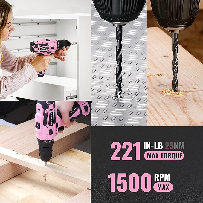 WORKPRO Pink Tool Set with Power Drill, 108PCS Portable Ladies Pink Drill Kit for Home with Toolbox and Pink Hammer, 1.5 Ah Cordless Drills with Keyless Chuck and Variable Speed Trigger - Pink Ribbon