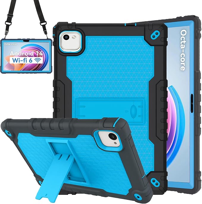 for HNVHNV/Aiprotablet/kelankeke K10 Tablet 10 inch Android Tablets Case Built in Kickstand Heavy Duty Hybrid Protective Case Hard Back Shell Case with Shoulder Strap (Black)