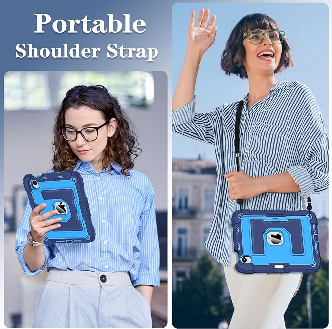 Kids Case Compatible with iPad mini 7 A17 pro 2024 Mini 6 8.3”Colorful Shockproof Case with Pencil Holder and Adjustable Big StandHandle Strap for iPad mini 6th 7th Gen