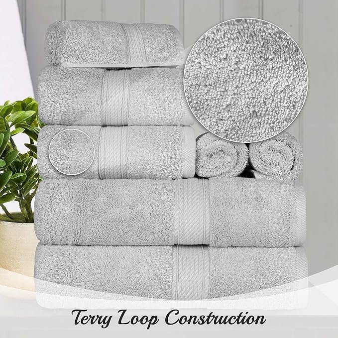 Superior Egyptian Cotton Pile Bath Towel Set of 2, Ultra Soft Luxury Towels, Thick Plush Essentials, Absorbent Heavyweight, Guest Bath, Hotel, Spa, Home Bathroom, Shower Basics, Silver