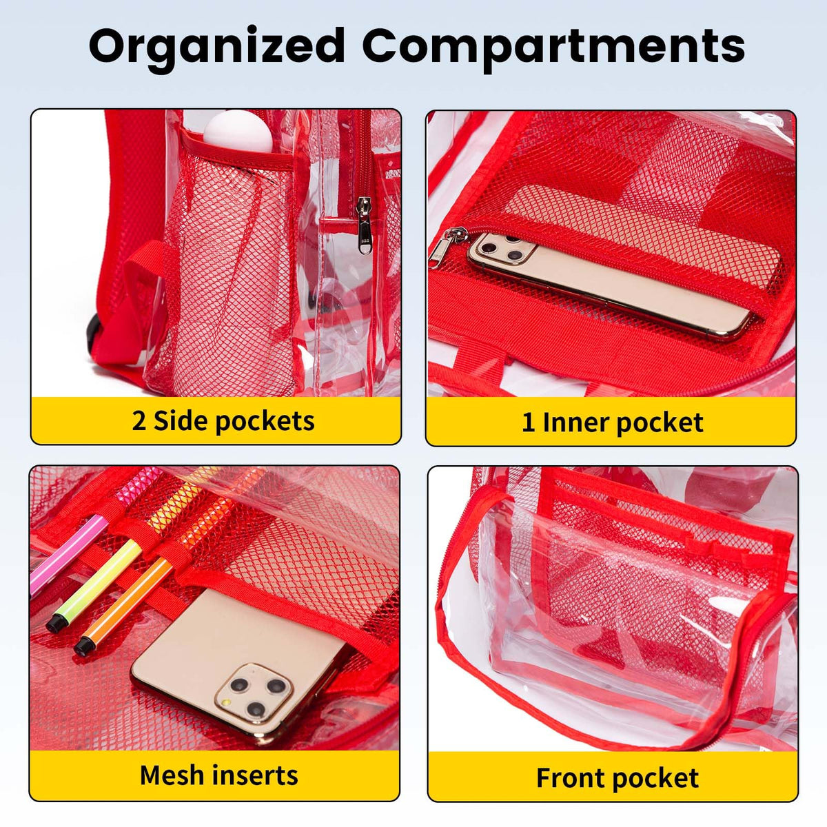 Vorspack Clear Backpack Heavy Duty PVC Transparent Backpack with Reinforced Strap Stitches & Large Capacity for College Workplace Security - Red
