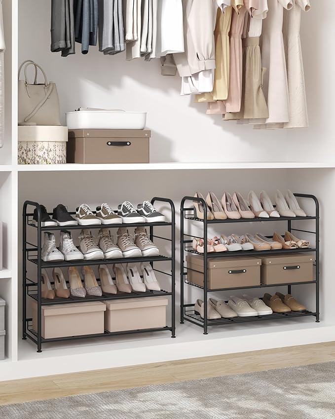 SONGMICS Stackable Shoe Rack, 4 Tier Metal Shoes Rack Storage Shelf, Holds up to 16 Pairs Shoes, Adjustable Slanted Shelves Shoe Tower Organizer for Closet Entryway Small Spaces, Black