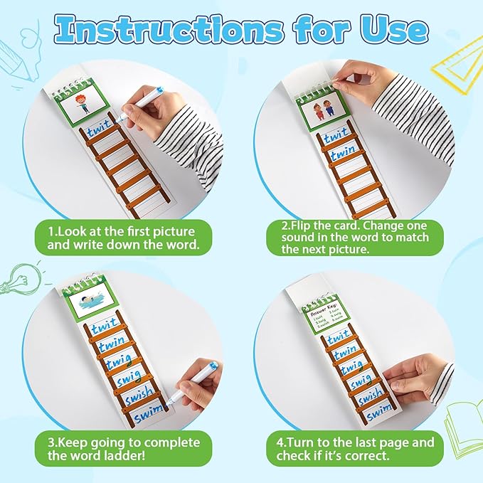 48 Word Family Build Book Spell Read and Rhyme Flip Activity Books Vocabulary Flashcards Kindergarten Sight Phonics Flashcard Learn to Read Activity Games for Kids Homeschool Supplies(Word Ladders)