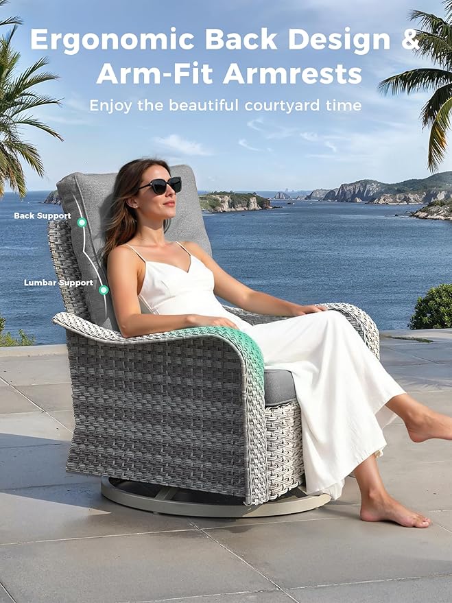 6 Piece Outdoor Wicker Patio Furniture Set,High Back Swivel Rocker Patio Chairs with 4" Thickened Cushions & Side Table, All-Weather PE Rattan for Garden, Backyard, Porch, Grey