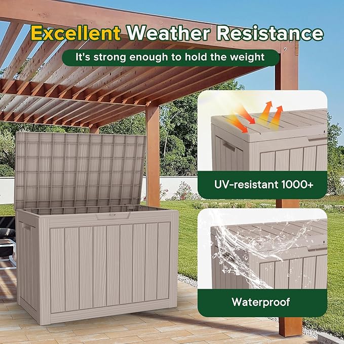 45 Gallon Outdoor Storage Box Waterproof Lockable Resin Deck Box Large, Patio Storage Bin for Pool Accessories Cushion Furniture, Garden Tools, UV-Resistant Outside Delivery Light Coffee