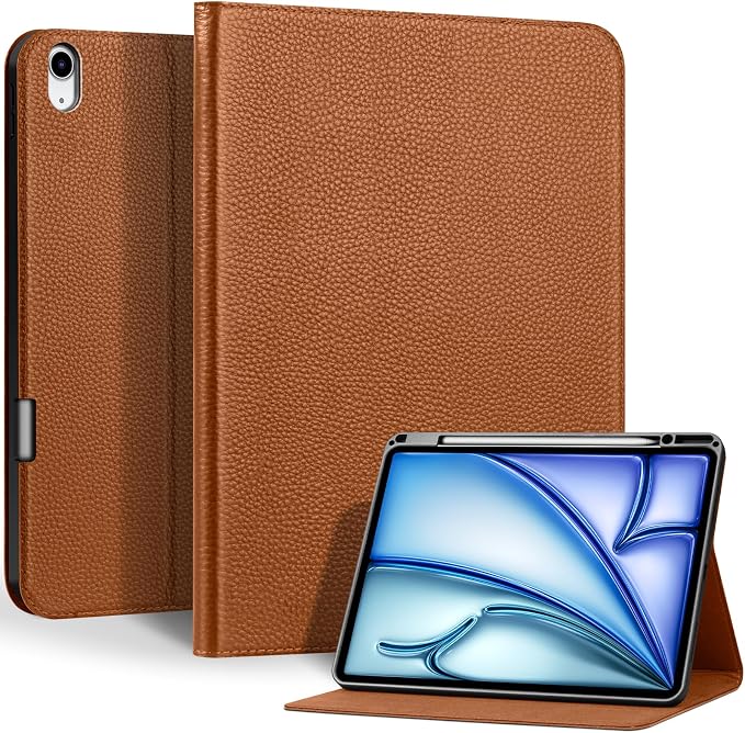 Genuine Leather Case for iPad 11th Gen 11/10th Gen 10.9 Black | Pencil Holder Adjustable Stand Auto Wake/Sleep Shockproof
