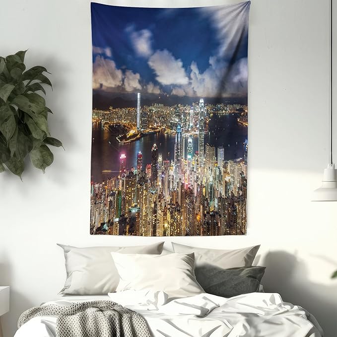 Ambesonne Cityscape Tapestry, Night View Hong Kong Victoria Harbor Business Financial District Cityscape Print, Wall Hanging for Bedroom Living Room Dorm Decor, 40" X 60", White Indigo