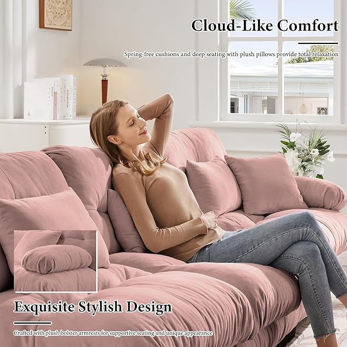94.4" Loveseat Sofa, 2 Seater Modular Sectional Sofa, Pink Large U Shaped Sectional Couches, Fluffy Chenille Cloud Couch with Ottoman, Deep Seat for Living Room