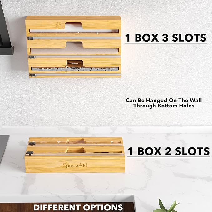 SpaceAid WrapNeat 3 in 1 Wrap Organizer with Cutter and Labels, Plastic Wrap, Aluminum Foil and Wax Bamboo Dispenser for Kitchen Storage Organization Holder for 12" Roll (Natural)