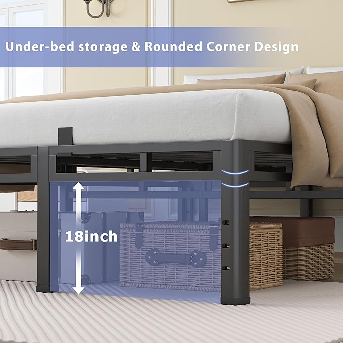 NKZ 22 Inch Queen Size Bed Frame, Metal Bed Frame & Box Spring 2 in 1 Platform with Round Corner Legs, 4000Lbs Heavy Duty Metal Frame, Mattress Slide Stopper, Headboard Hole, Noise-Free, Easy Assembly