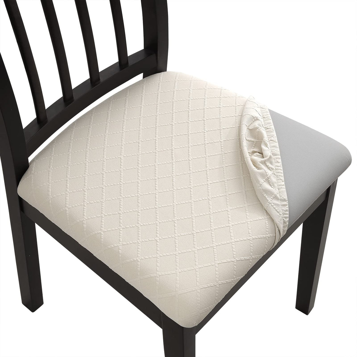 Fuloon Waterproof Seat Cushion Covers 6 PCS, Stretch Jacquard Chair Seat Covers Washable Dining Room Chair Slipcovers Removable Kitchen Cushion Protector (6, Waterproof-Beige)