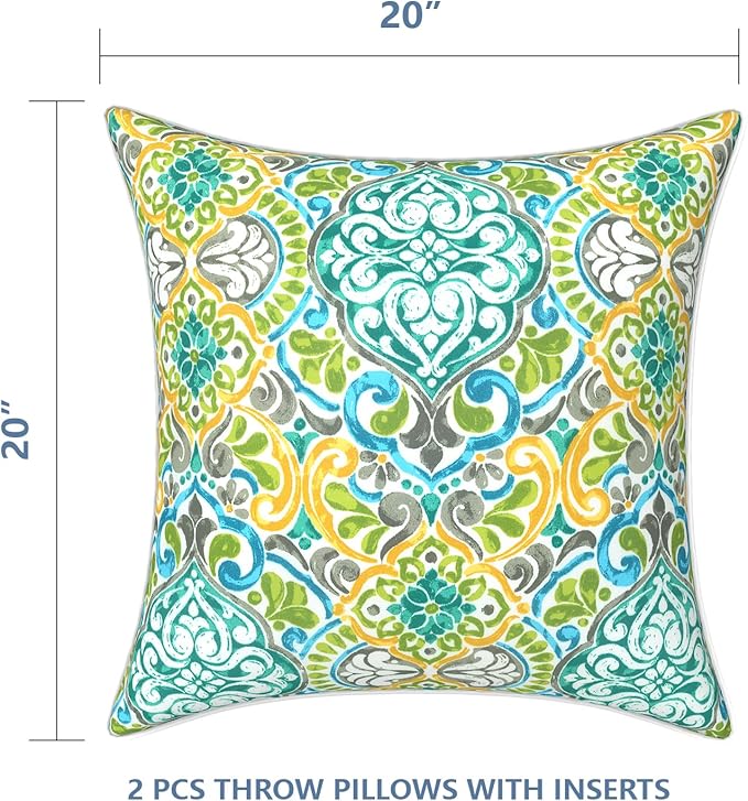 LVTXIII Outdoor/Indoor Throw Pillows, Decorative Patio Accent Pillows, Fluffy Water Repellent Garden Cushions for Home Patio Coach Sofa Use, 20×20 Inch, Pack of 2, Damask Green