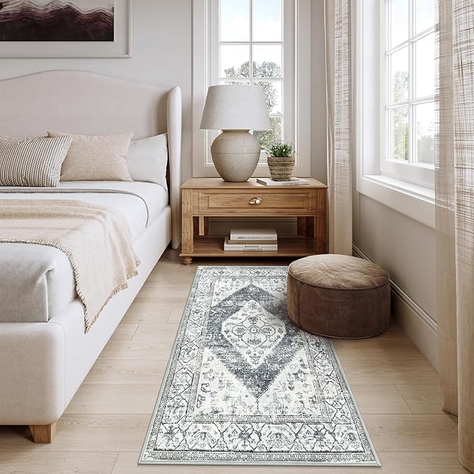 Lahome Boho Hallway Rug Runner - 2x4 Washable Non-Slip Small Bathroom Runner, Oriental Distressed Untra-Thin Carpet Rug for Kitchen Entryway Bedroom Laundry Room, Grey