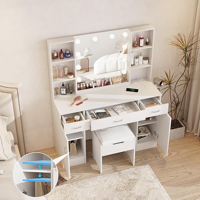 Makeup Vanity Table with Lighted Mirror & Outlets, Large Vanity Set Vanity Desk with Lots Storage, 3 Lighting Modes, Brightness Adjustable, 45inch