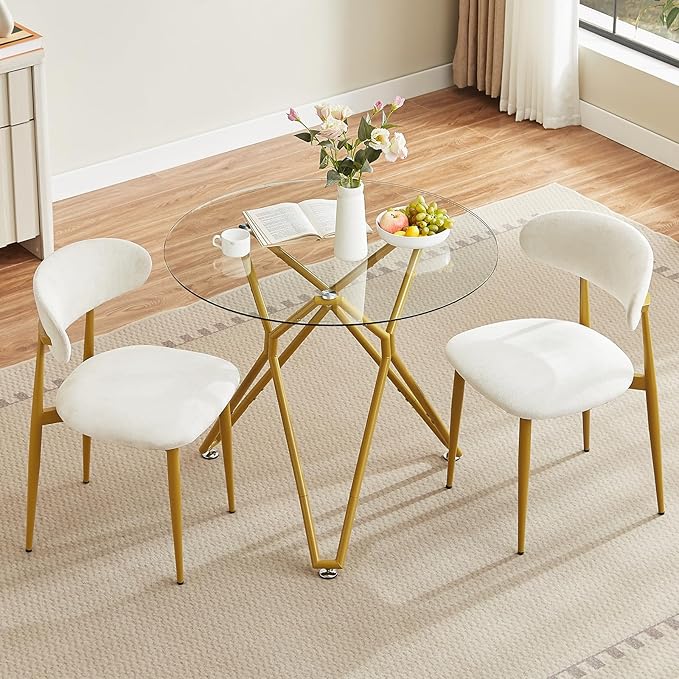 Velvet Dining Chairs Set of 2, Modern Kitchen Chairs with Curved backrests and Metal Legs, Upholstered Dining Chairs for Dining Room,White and Gold