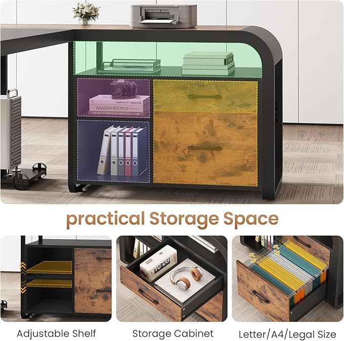 SEDETA 63 Inch Executive Desk, Large Office Desk with File Drawer, L Shaped Desk with Drawers, Computer Desk with Mobile CPU Stand, Storage Shelves, Power Outlets for Home Office, Rustic Brown