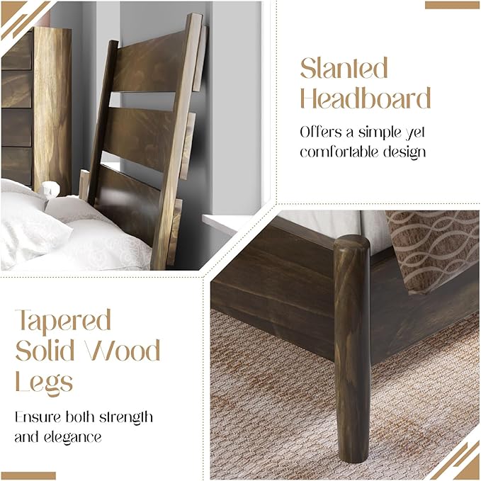 VanAcc Solid Wood King Bed Frame, Platform Bed with Reclining Slatted Headboard, Mid Century with Wood Slat Support, Dark Brown