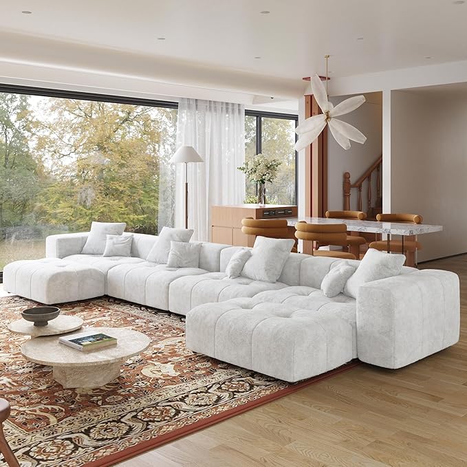 JACH 183.5 Inch U-Shaped Modular Sectional Sofas, Modern 4-Seater Couch with Chaise Ottomans, Mid Century Modern Sectional Couches, Cozy Sleeper Sofa for Living Room (Linen Fabric, White)
