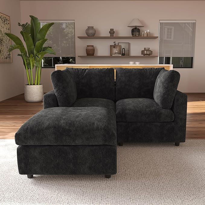 JACH 67" Love Seat Sectional Couches with Chaise Ottoman, Modern Convertible Modular Sofa, Cloud Sectional Couch, Sofa Covers Washable, Minimalist Couch for Living Room, Bedroom, Apartment, Black