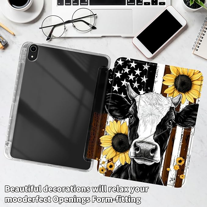 for iPad 10.2 &amp 10.5/iPad 9th/8th/7th Generation 10.2 2021 2020 2019 Case Mutil Angles Folding Y-Shaped Stand Cover with Pencil Holder Auto Wake/SleepAmerican Flag and Cow