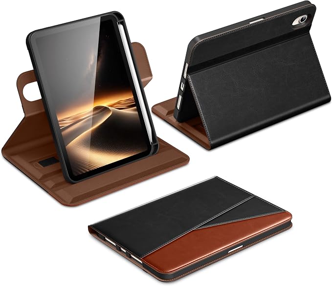 DTTO for iPad mini 7 A17 Pro 2024 aslo fit iPad mini 6 2021 Brown | 360 Degree Rotating Premium Faux Leather Folio Stand Cover with Pencil Holder Auto Sleep/Wake Multiple Angles Hand Strap