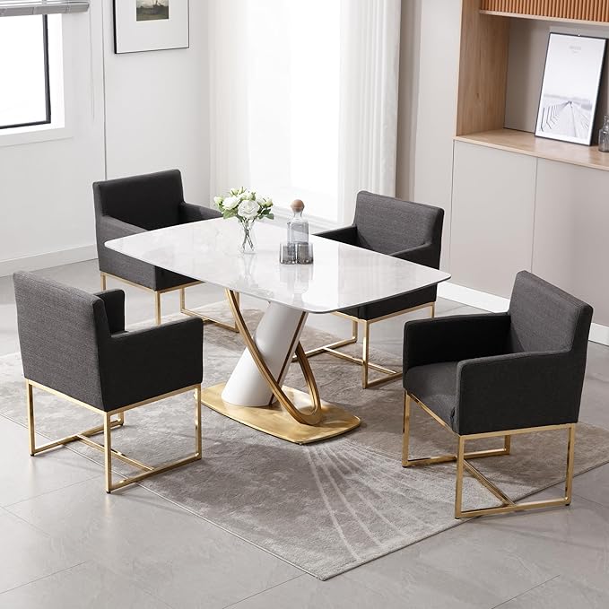 Upholstered Dining Chairs with Armrest Set of 4 Mid Century Modern Accent Chairs Armchairs with Gold Metal Frame, Modern Kitchen & Dining Room Chairs, Charcoal