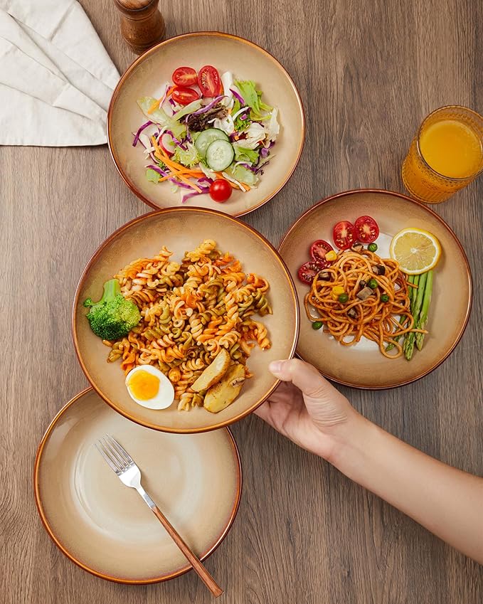 Ceramic 32 Oz Pasta Bowls, 8.75 Inch Reactive Glaze Pasta Bowl Set of 4, Microwave & Dishwasher Safe, Large Wide Serving Bowls for Salad, Dessert, Soup, Fruit, Brown and Yellow