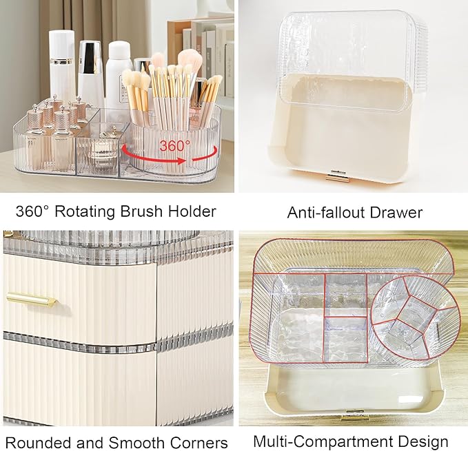 DASITON Makeup Organizer with Drawers and Rotating Makeup Brush Holder,Large Capacity Stackable Cosmetic Organizer Countertop,Bathroom Organizers and Storage,Make up Organizers for Vanity (Clear 03)