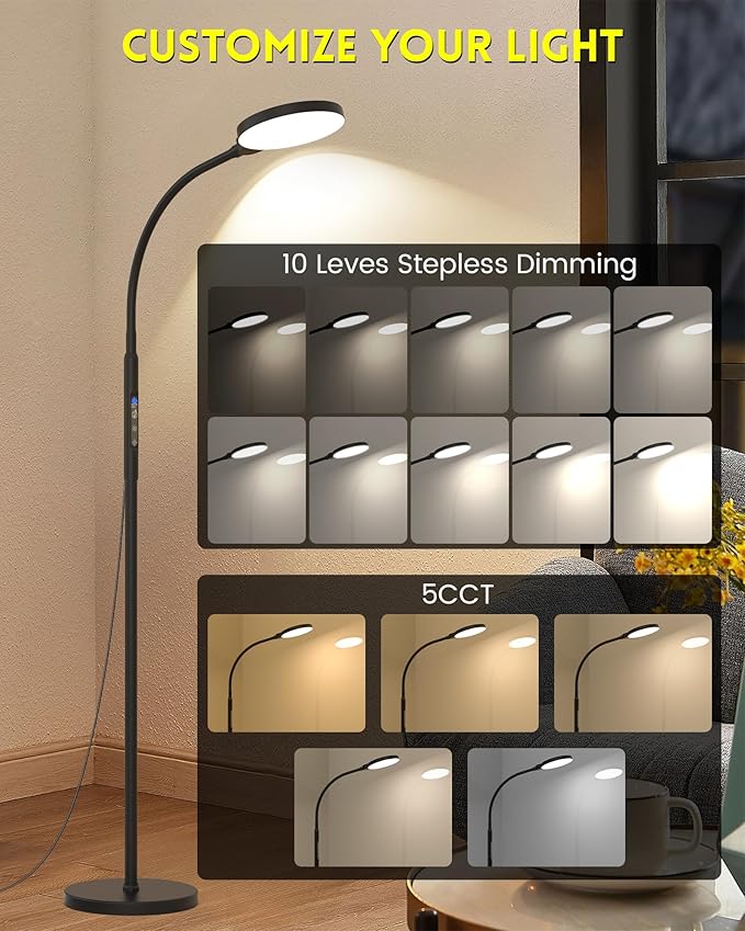 Light Therapy Lamp 11000 Lux, Full Spectrum LED UV-Free Sunlight Lamp with 10 Adjustable Brightness & 5 Color Temperatures, 3 in 1 Light Therapy Floor Lamp for Home Office, Black