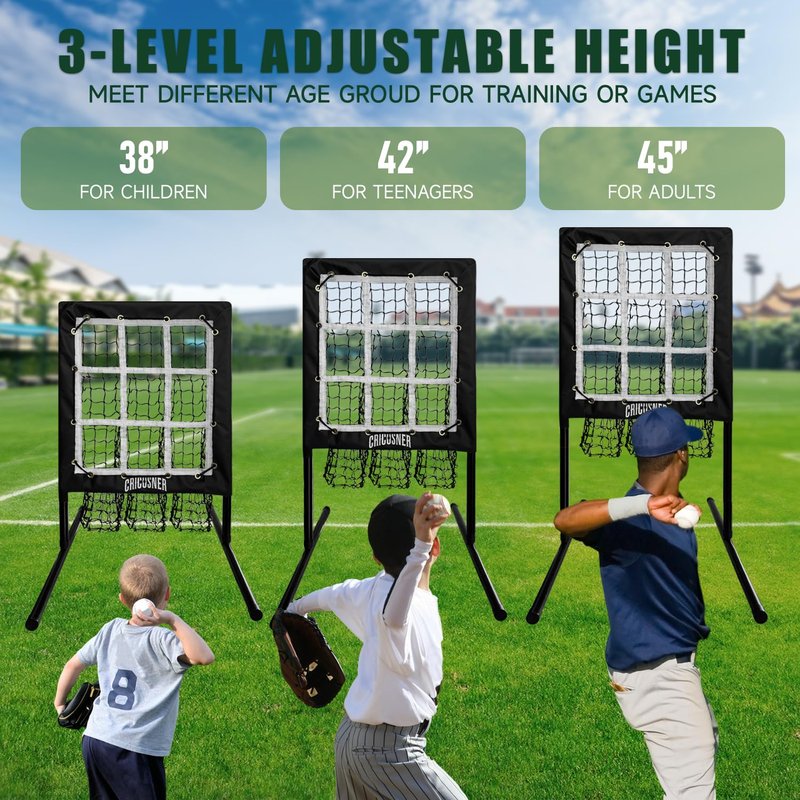 9 Hole Pitching Net, Heavy-Duty Baseball Net with Strike Zone for Pitching and Hitting, Height Adjustable Training Equipment with 9 Pocket Pitching Target for Baseball & Softball Practice