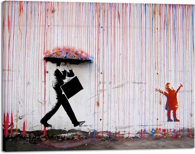 Wieco Art Large Banksy Raining Day or Colorful Graffiti Street Famous Canvas Prints Wall Art Modern Inspirational Grey Love Pictures Print Artwork for Kitchen Home Office Decor