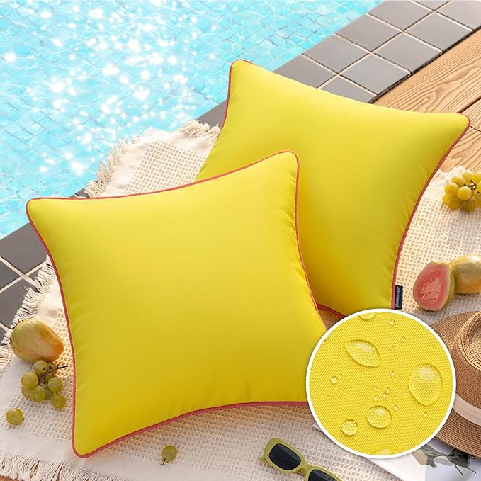Phantoscope Pack of 2 Outdoor Waterproof Throw Pillow Covers with Contrast Piping, Decorative Square Cushion Case Patio Pillows for Couch Tent Sunbrella, Lemon Yellow 20x20 inches
