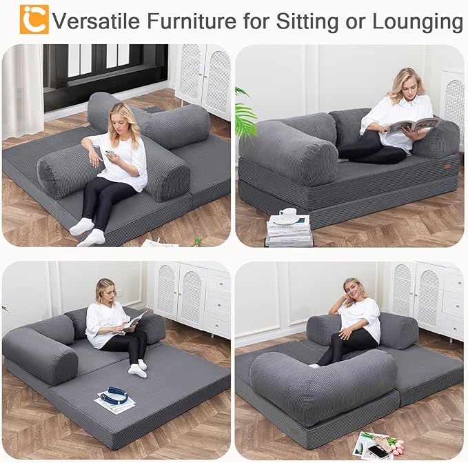 COMAX Futon Sofa Bed, 4-in-1 Floor Foldable Sofa Couch Bed Queen with L-Shaped Armrests, Convertible Folding Chair Bed Sleeper Mattress Fold Out Comfy Lounge for Living Room Bedroom, Grey
