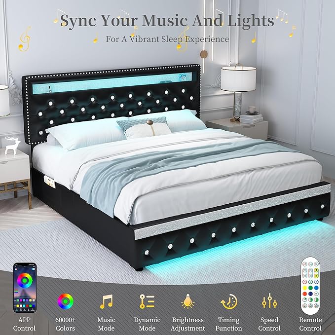 King Led Bed Frame with 2 Drawers, Heavy Duty King Size Platform Bed with Storage, Upholstered Bed Frames with Adjustable Headboard, Solid Support, No Box Spring Needed, Easy Assembly, PU Black