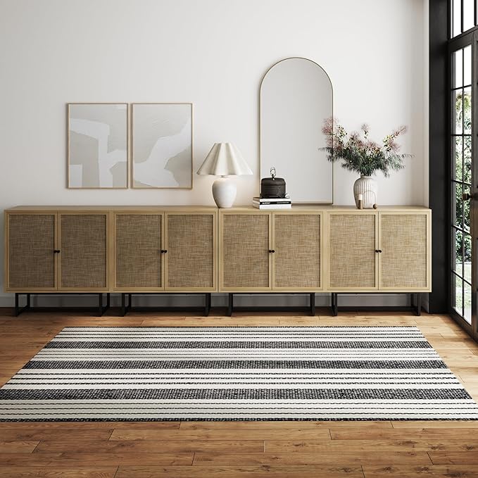 Nathan James Kova Rattan Wood Accent Sideboard Storage Cabinet TV Stand with Matte Metal Frame, Adjustable Shelves and Cane Doors, for Hallway, or Living Room, Light Oak/Cane/Black, Set of 4