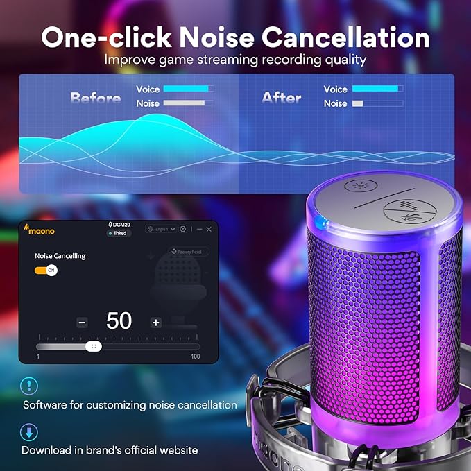 MAONO Gaming USB Microphone for PC with Noise Cancellation, Computer RGB Condenser Mic for Streaming Discord Twitch YouTube Podcast Online Chat PS4 PS5, GamerWave DGM20