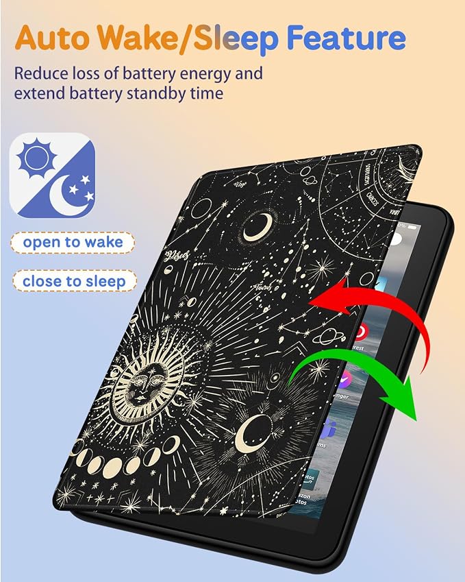 Kidcube for Amazon Kindle Fire 7 Tablet Case 12th Generation 2022 Release for Women Girls Boys Cute Folio Cover Sun Moon Star Design Rotating Stand with Auto Wake/Sleep Teen for Kindle Fire 7 Cases 7