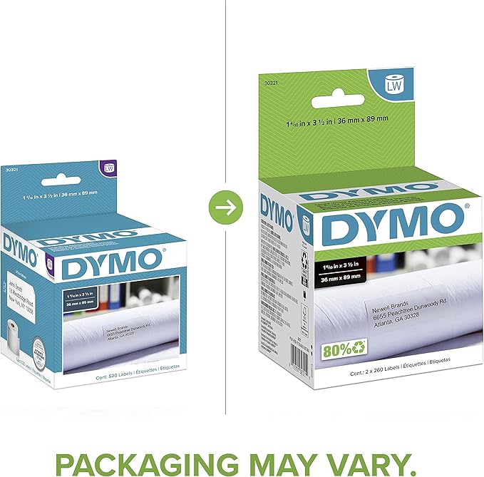 DYMO Authentic LW Large Mailing Address Labels, DYMO Labels for LabelWriter Label Printers, 1-4/10" x 3-1/2", 2 Rolls of 260 (520 Total)