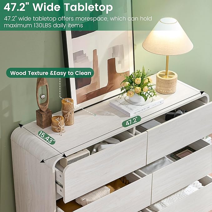 6 Drawer Dresser for Bedroom, 47" Wide Dresser with Large Storage, Rustic Wooden Chest of Drawers for Bedroom, Hallway, White