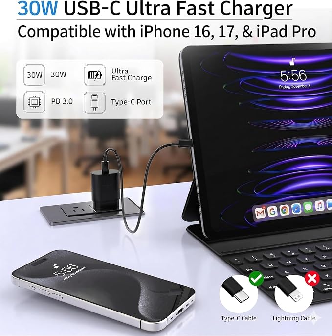 TT&ampC 2-Pack 30W USB C Charger Block Wall Power Adapter for iPhone 171615 | PD 3.0 fast charging Block Compatible with iPhone 17/16/15/14/13 Pro Max series iPad Pro &amp Galaxy S26/S25/S24 (