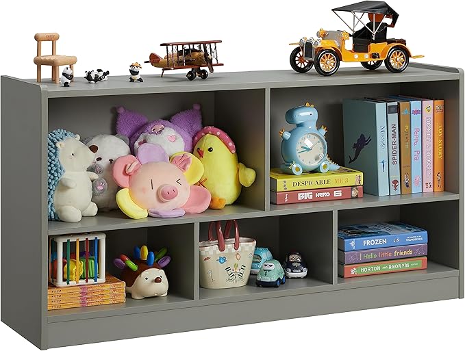 Toy Organizers and Storage, 5-Section Kids Bookshelf for Organizing Books Toys, School Classroom Wooden Storage Cabinet for Children's Room, Playroom, Nursery (Grey)