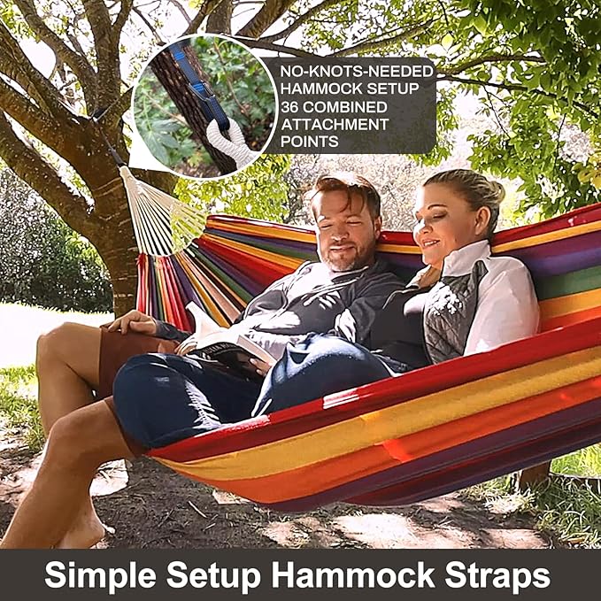 Brazilian Double Hammock with Tree Straps,Extra Large 94x63IN,2 Persons Hammock for Backyard Patio Outdoor and Indoor,450lbs Weight Capacity,Soft Woven Cotton Fabric - Coffee Stripe