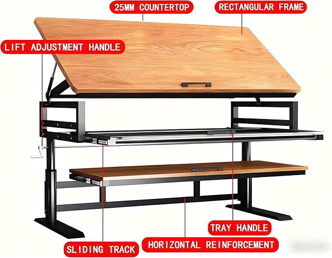Studio Desk with Keyboard Tray | Hand-Crank Adjustable Standing Desk Workstation for Music Production, Cable Management, MIDI Keyboard Shelf (Black, 47in)