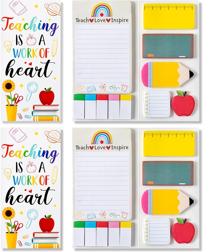 Xqumoi 2 Pack Teaching is A Work of Heart Sticky Notes Set - Ruler Blackboard Pencil Apple Self-Stick Note Pads Teacher Appreciation Gift Writing Memo Pads Page Marker Back to School Office Supplies
