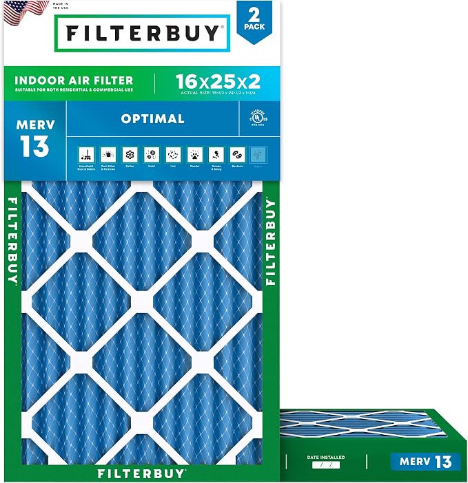 Filterbuy 16x25x2 Air Filter MERV 13 Optimal Smoke & Allergy Defense,