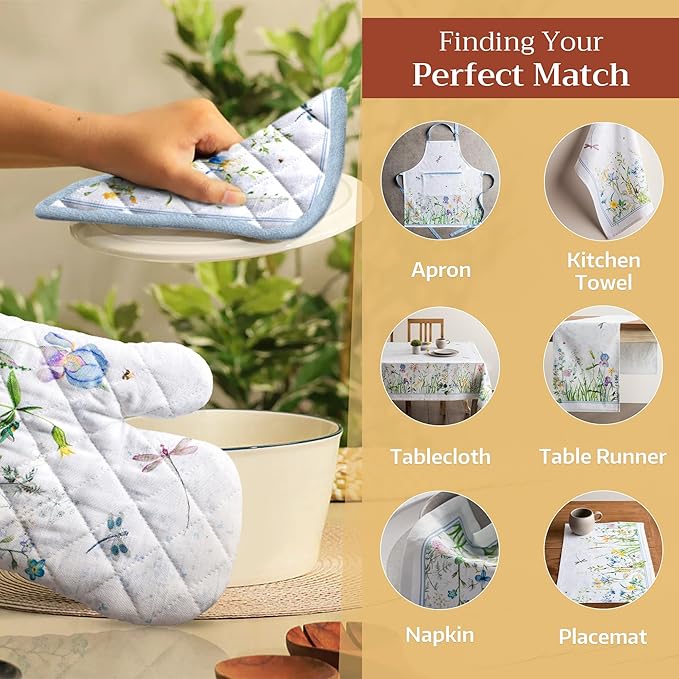 Maison d' Hermine Oven Gloves 100% Cotton Oven Mitt 7" x 13" with Loop Heat Resistant, BBQ, Cooking Gloves, Baking, Grilling, Kitchen, Handling Hot Pans Spring/Summer (Pack of 1, Fleurs De Mai)