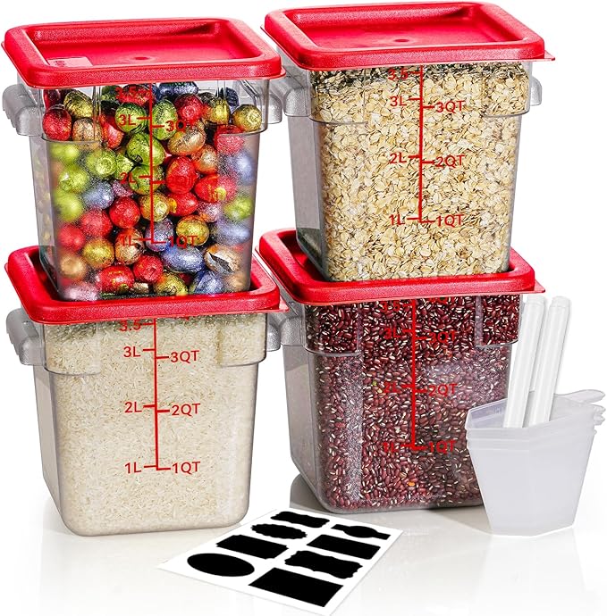 4QT NSF Food Storage Containers: 8 PCS [Food Grade][Hot&Cold Resistant] Commercial Clear Food Storage Containers with Lids for Restaurant Kitchen Proof Dough, Measuring Spoons Included(BPA FREE)